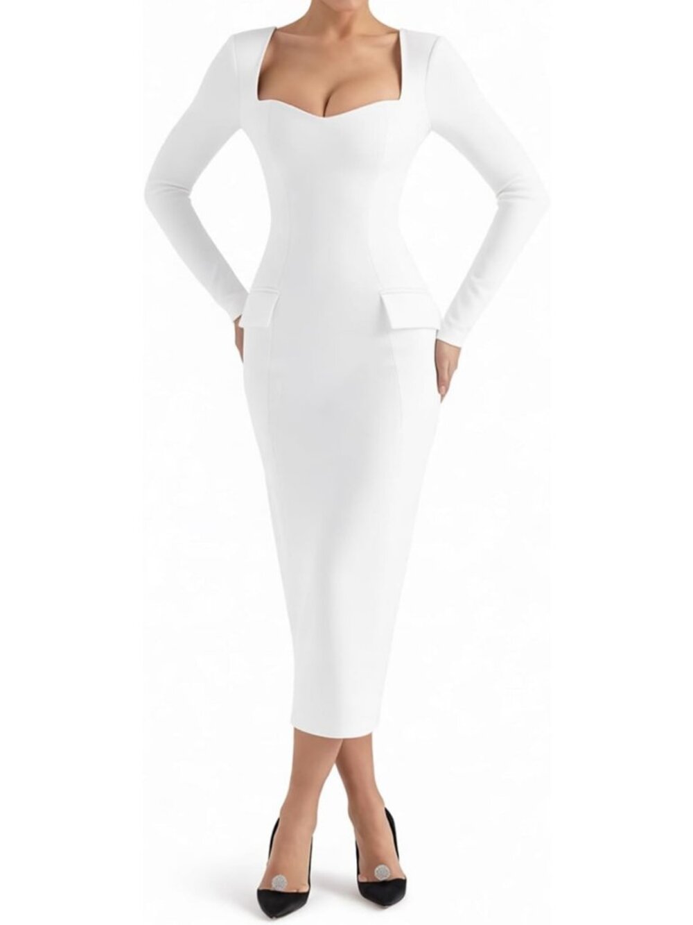 Elegant Women's Long Sleeve Midi Dress with Square Neck & Back Slit - Perfect